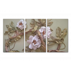 Модульная картина 3D цветы на фисташковой стене, 3D-001